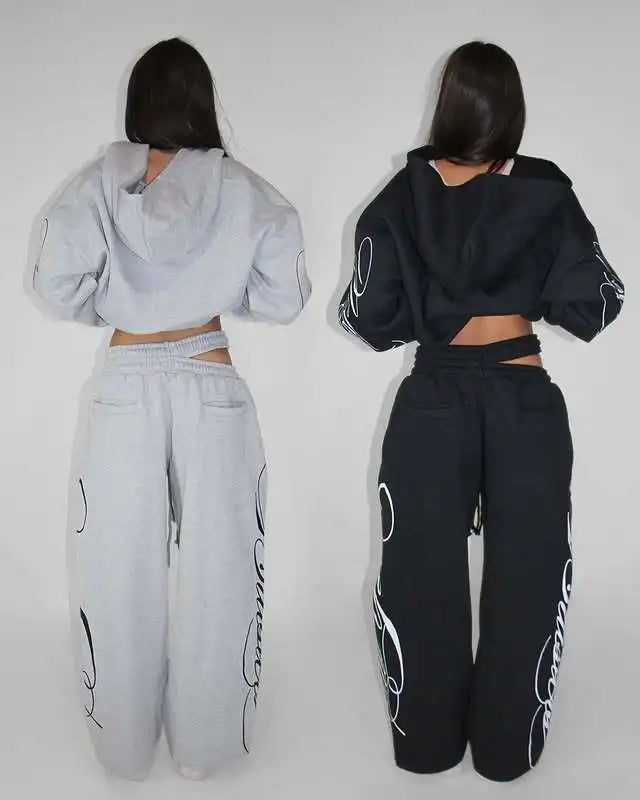 Grey Y2K Script Print Hoodie & Wide Leg Pants Set