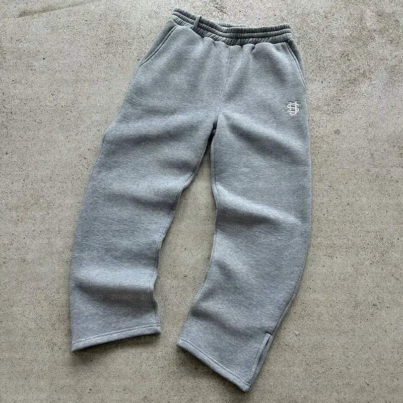 Y2K Fashion Jogger Sweatpants Loose Embroidery Labeled Open Leg Wide Leg Pants Trendy Pocket Couple Straight Pants Men's Hoodie