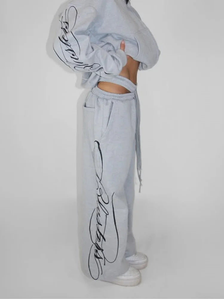 Grey Y2K Script Print Hoodie & Wide Leg Pants Set