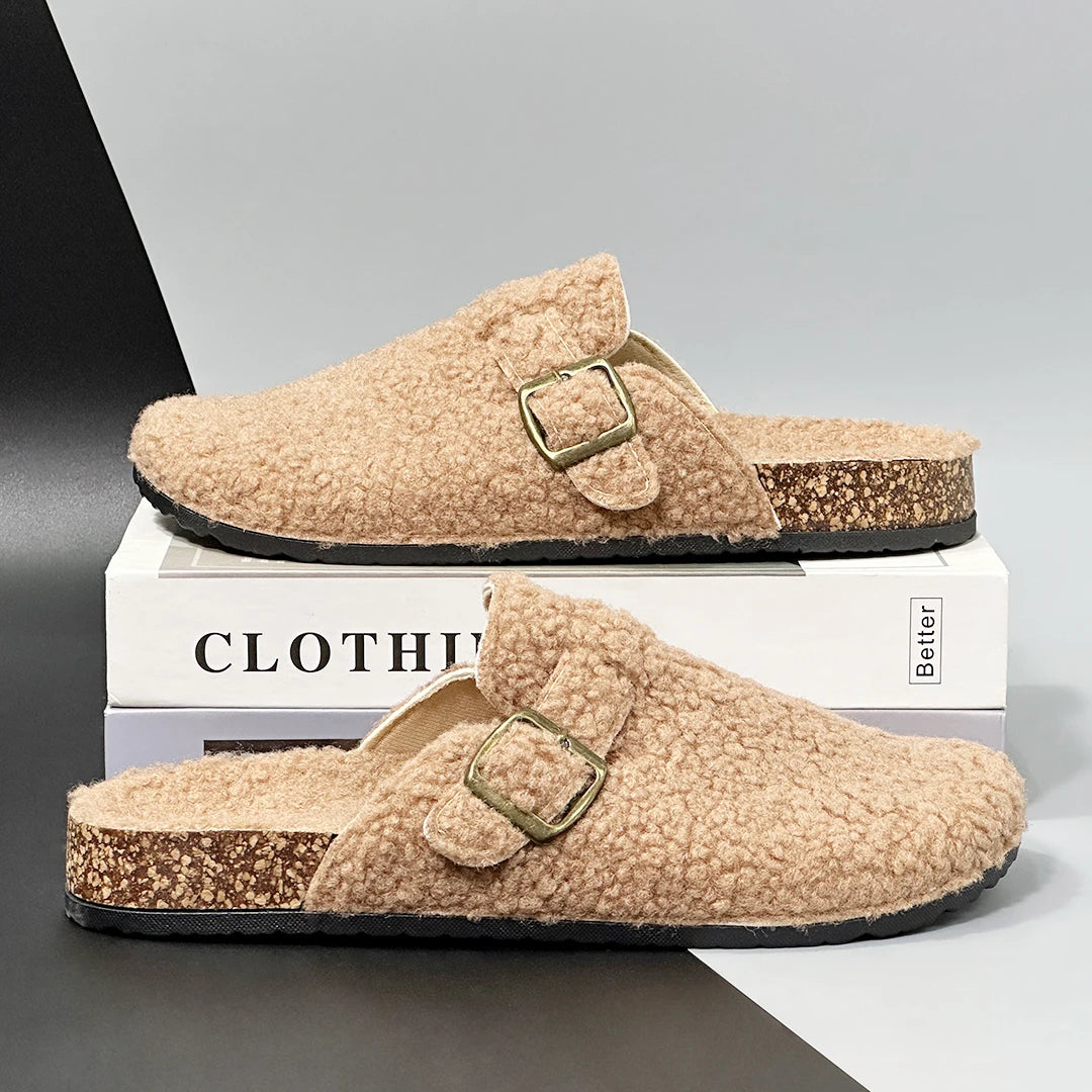 New Plush Closed-toe Slippers Retro Sandals Women Men's Indoor & Outdoor Slip-on Flat Shoes Suitable For Fall & Winter