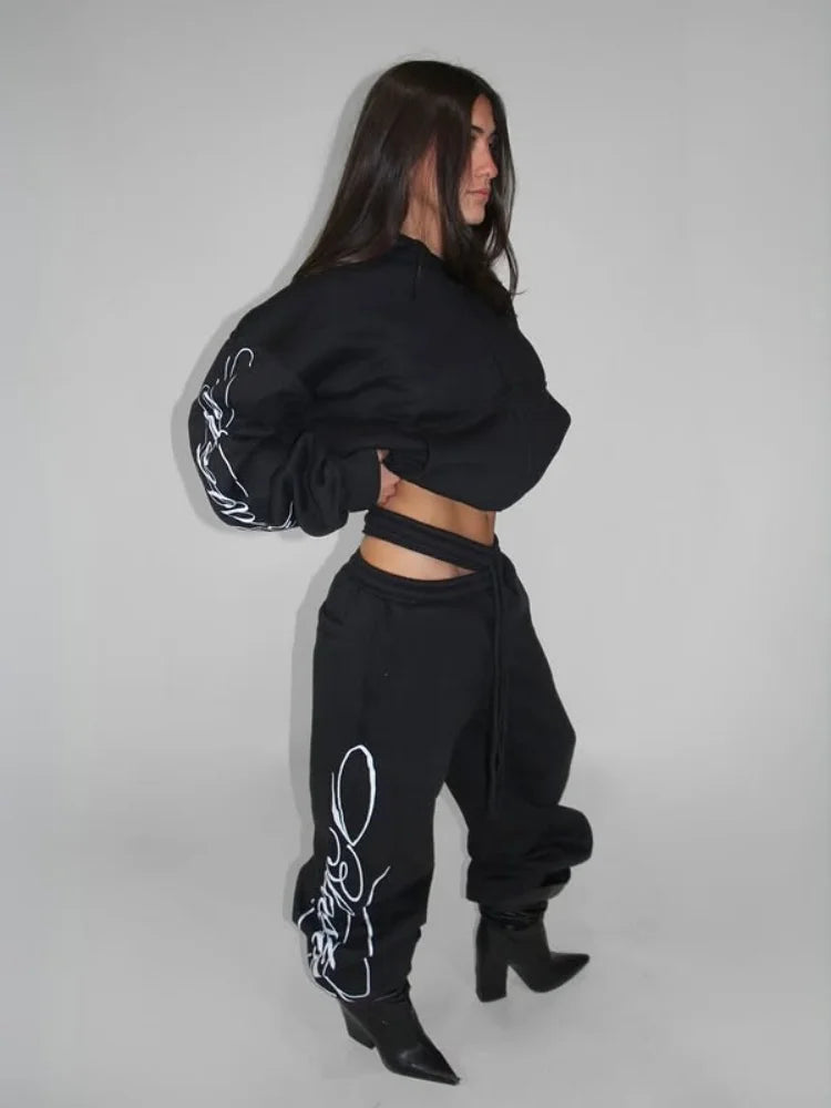 Grey Y2K Script Print Hoodie & Wide Leg Pants Set