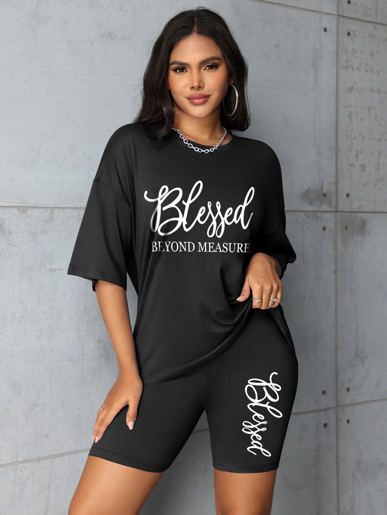 Plus Size Blessed Print Two-Piece Short Set — Women