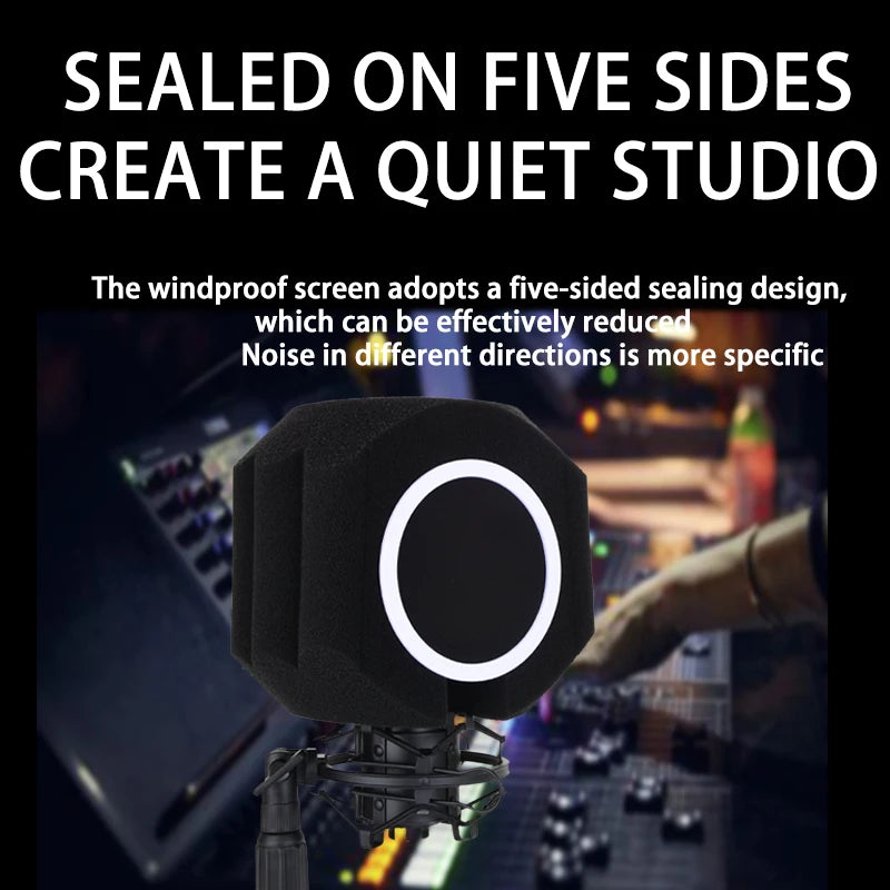 Acoustic Windscreen 5-Sided Seal - Wind Noise Reduction, Side-Open POP Filter, Quiet Studio, Portable & Lightweight
