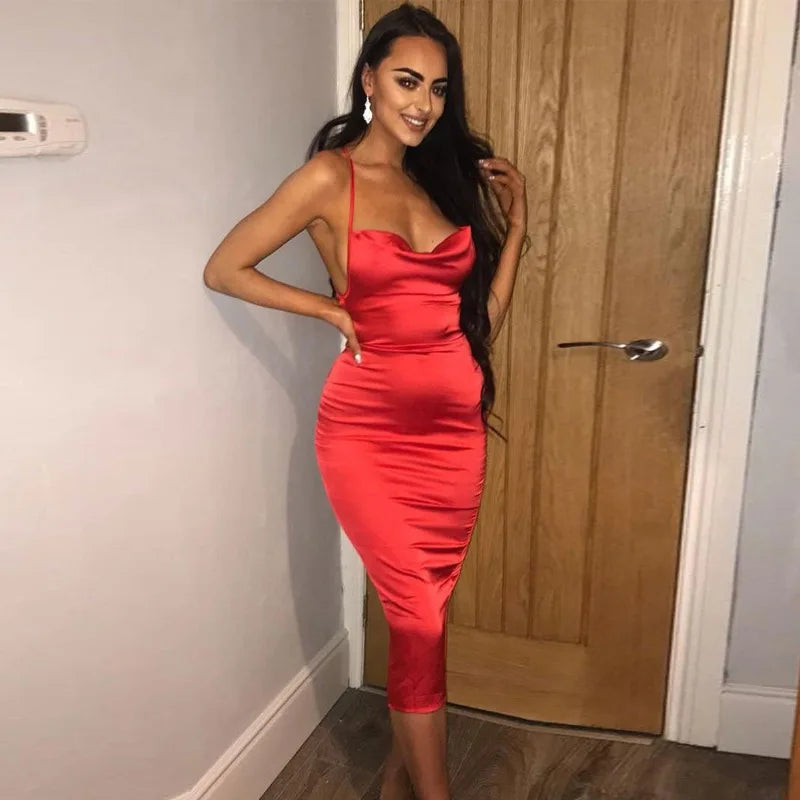 Neon Satin Lace-Up Bodycon Midi Dress — Women's