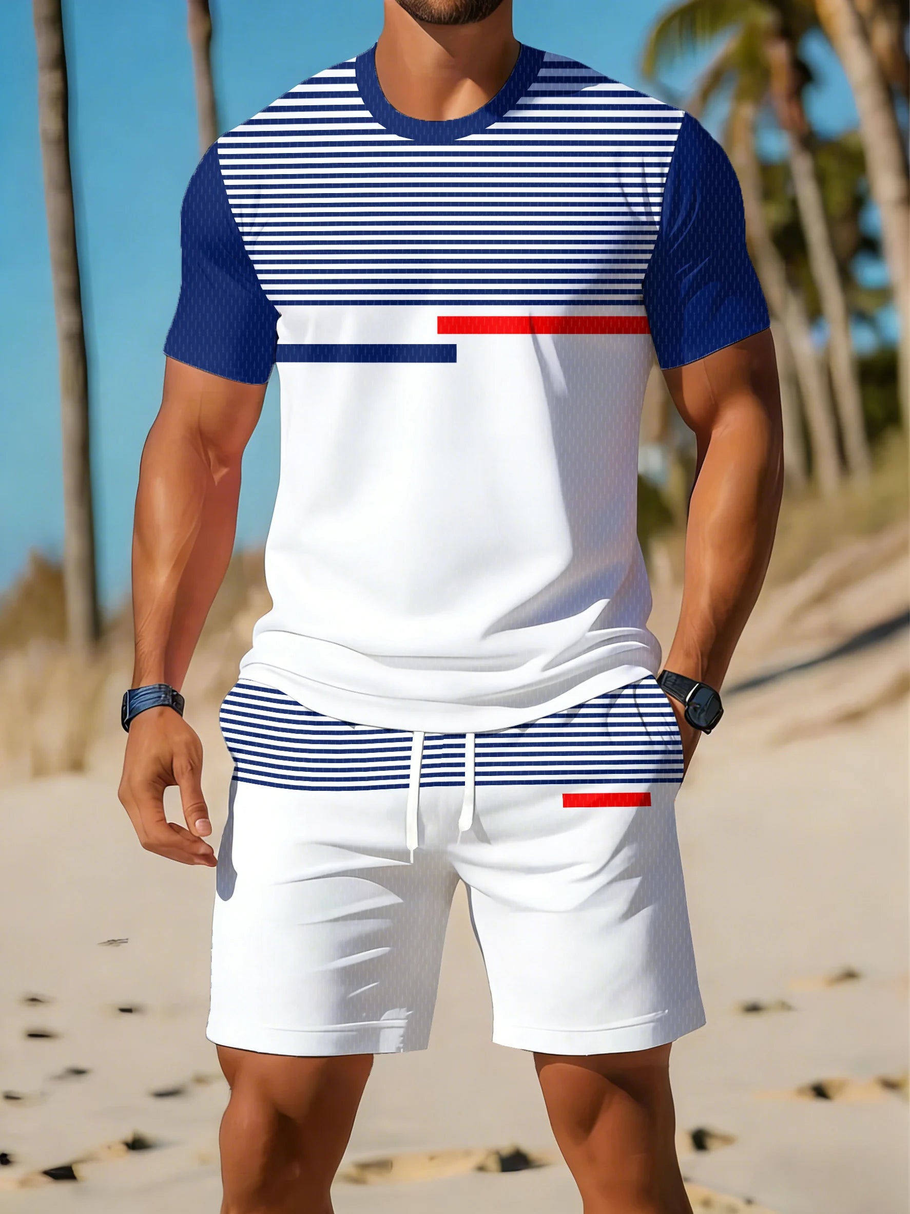 Men's Striped Print T-Shirt & Shorts Beach Set