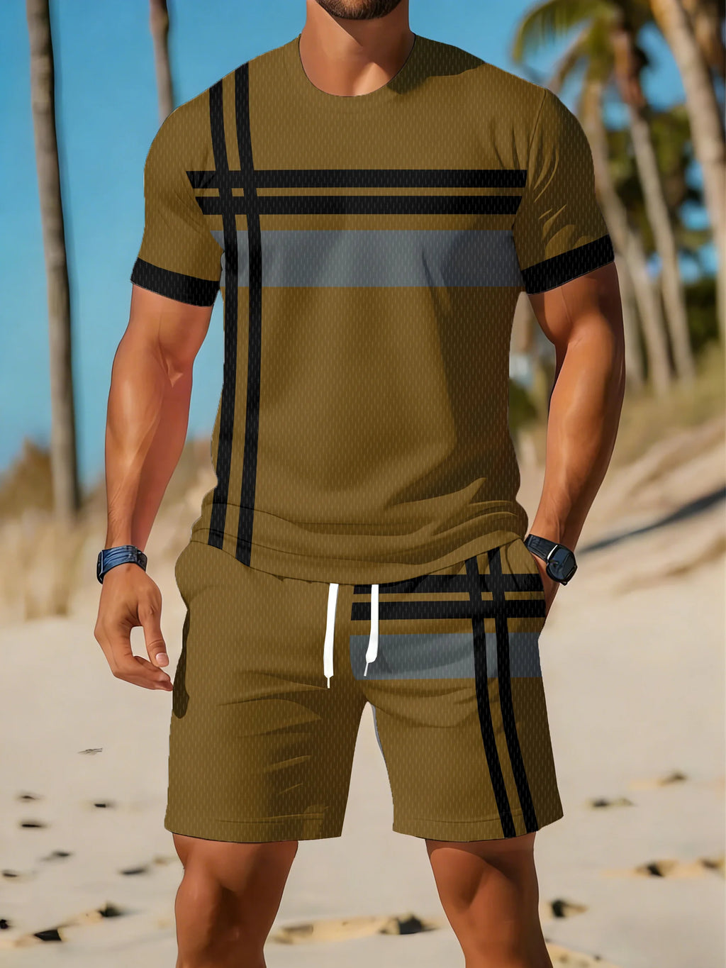 Men's Plus Size Striped Beach T-Shirt & Shorts Set