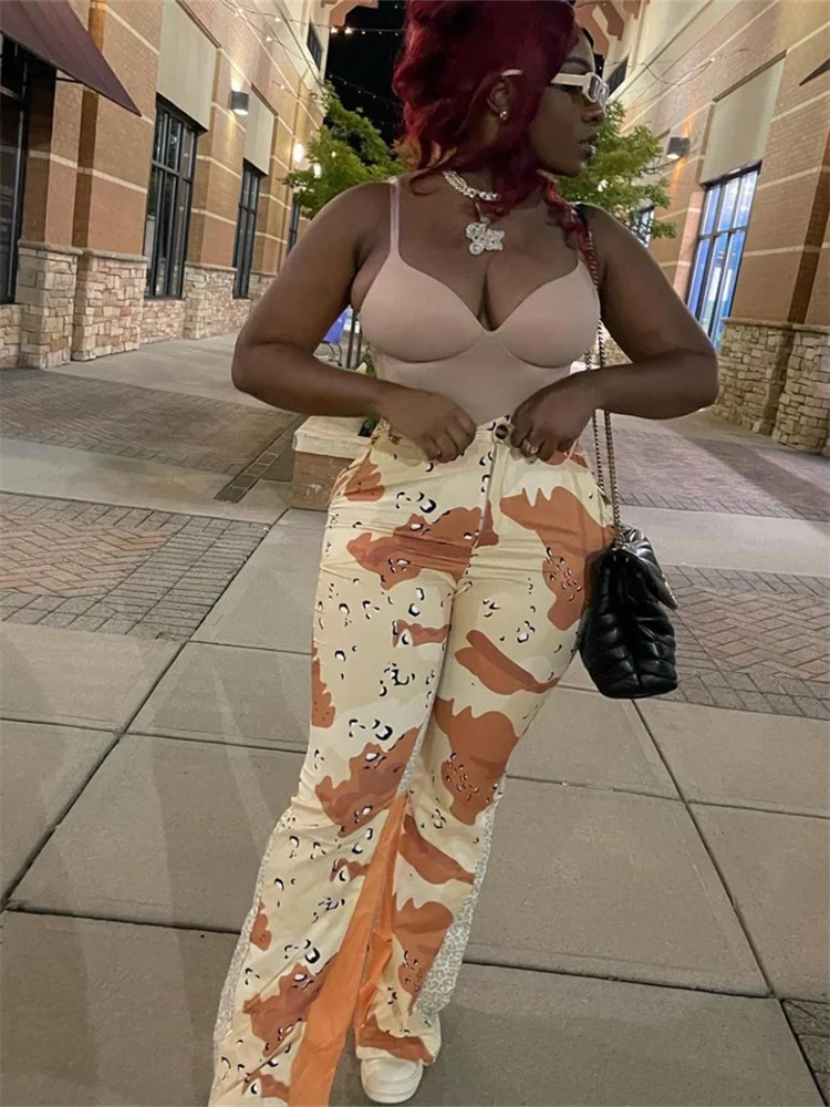 Y2K High Waist Print Flared Cargo Trousers — Women