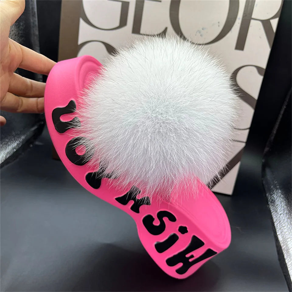 Women's Fox Fur Slippers Summer Open-Toe Fluffy Slippers Anti-Slip Shoes for Woman Sandals Fluffy Black Slides Fur Slides
