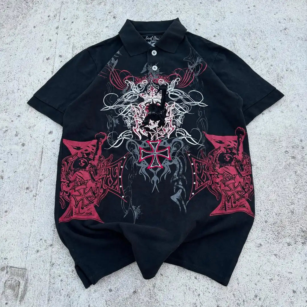 Comic Print Y2K Black Polo Tee