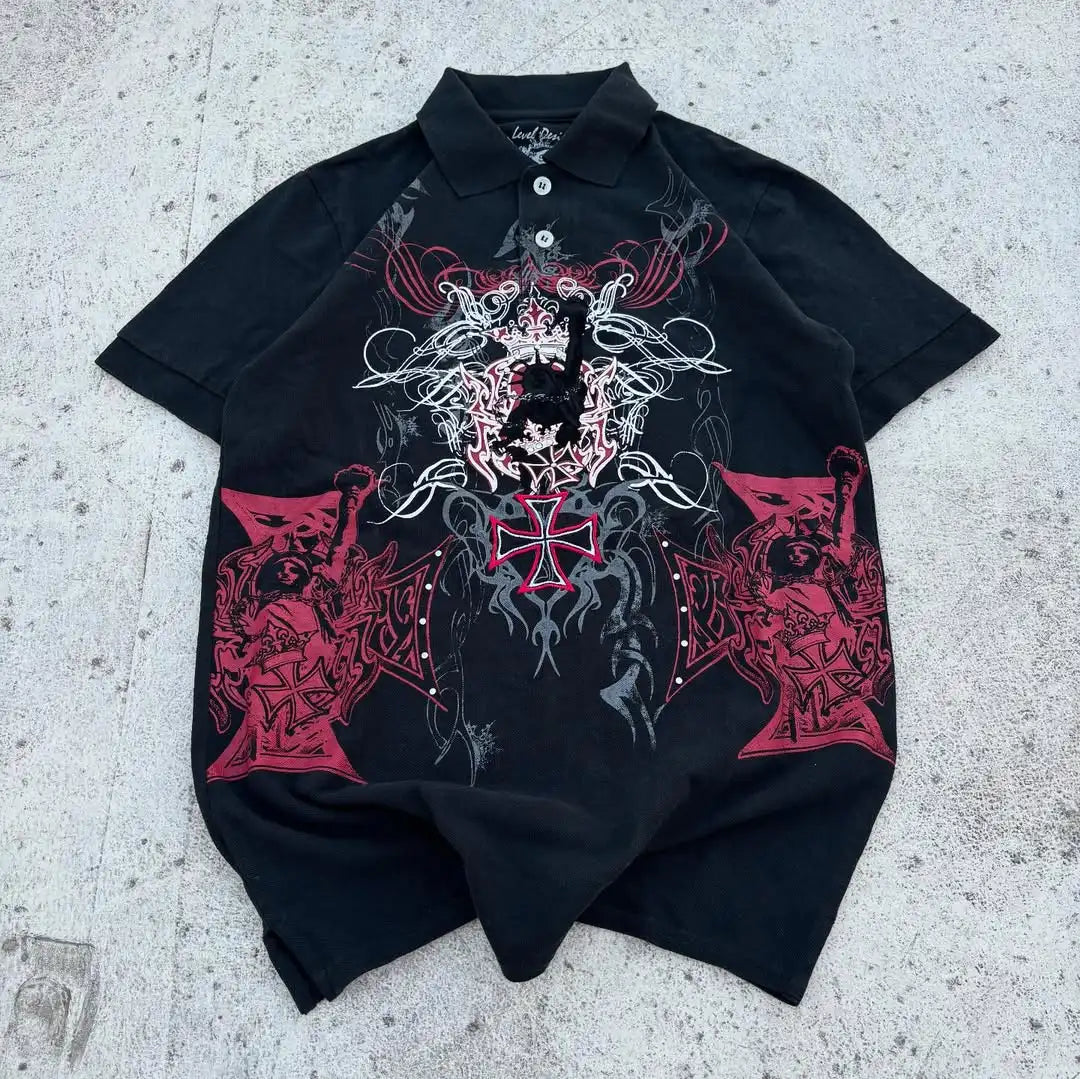 Comic Print Y2K Black Polo Tee