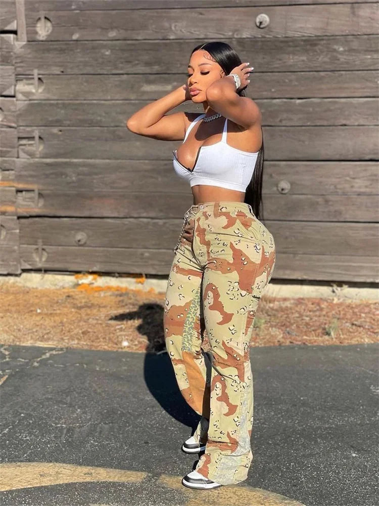Y2K High Waist Print Flared Cargo Trousers — Women