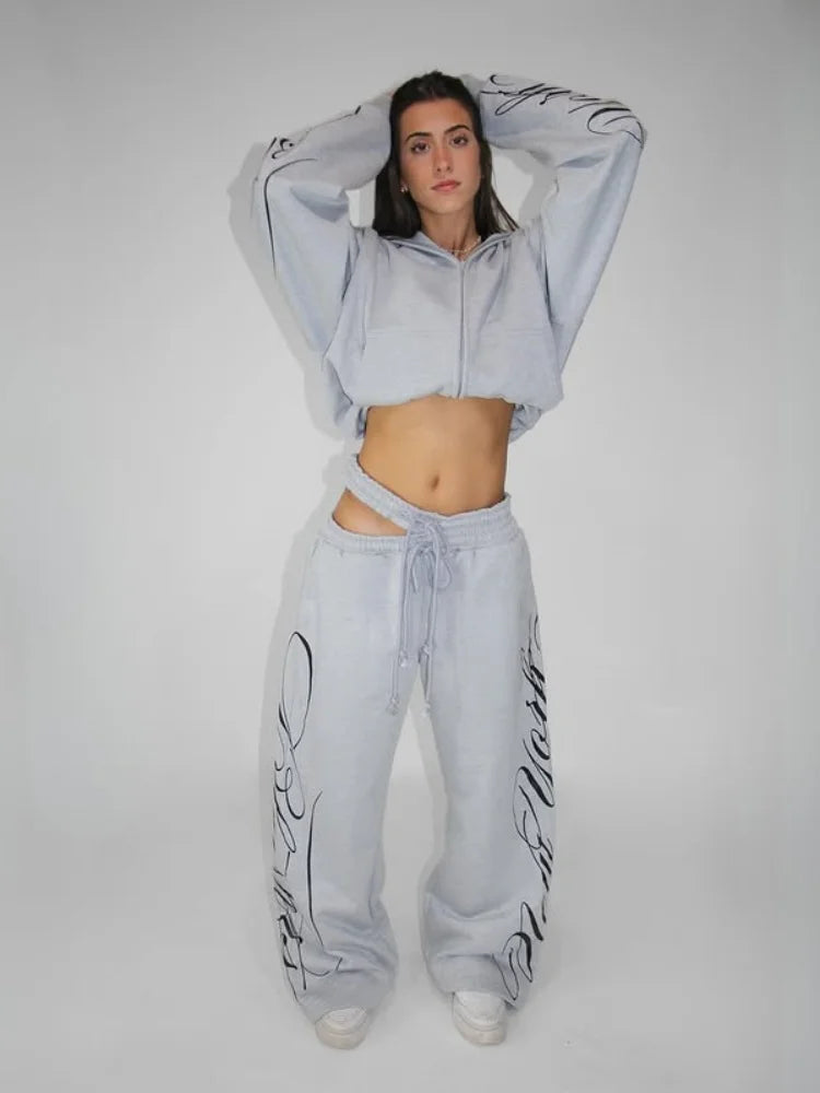 Grey Y2K Script Print Hoodie & Wide Leg Pants Set