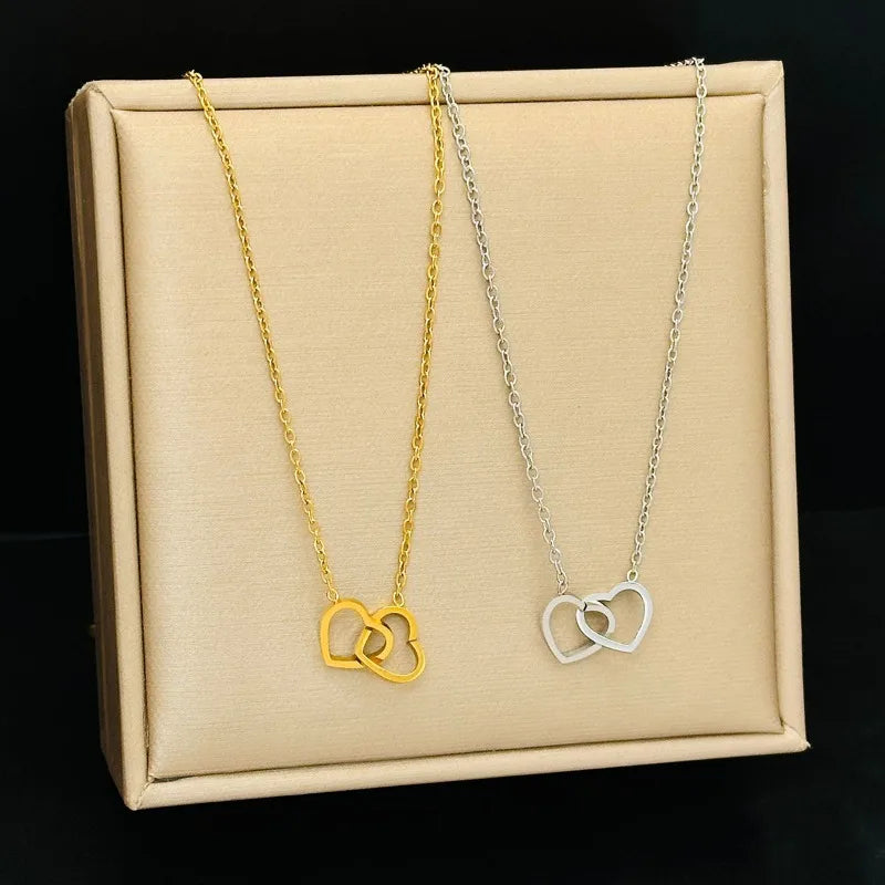 Simple Double Heart Pendant Necklace for Women Couple Stainless Steel Choker Gold Color Chain Wedding Party Friends Jewelry Gift