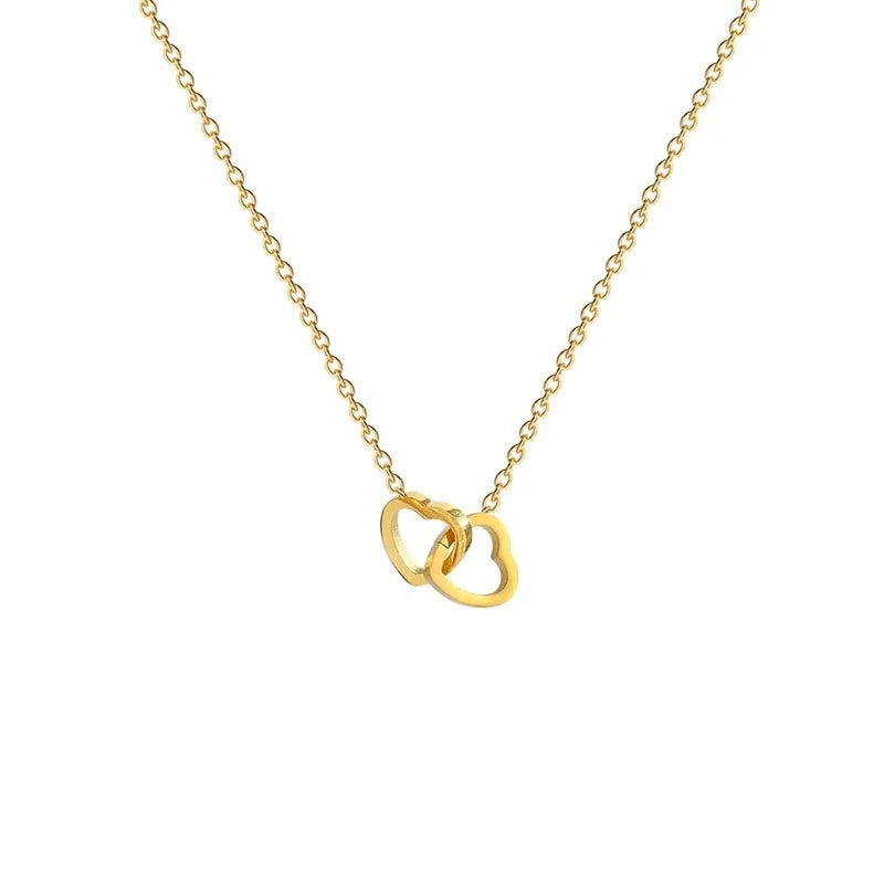 Simple Double Heart Pendant Necklace for Women Couple Stainless Steel Choker Gold Color Chain Wedding Party Friends Jewelry Gift
