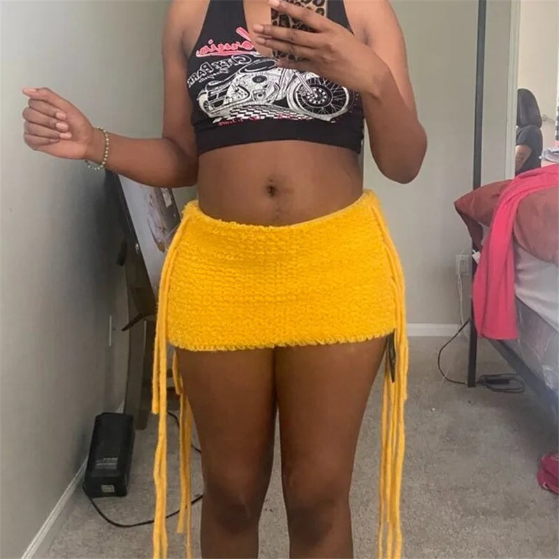 Y2K Fuzzy Tassel Bodycon Mini Skirt