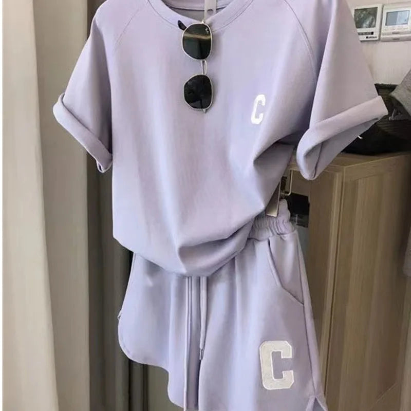 Women's Print Letter T-Shirt & Shorts Two-Piece Set