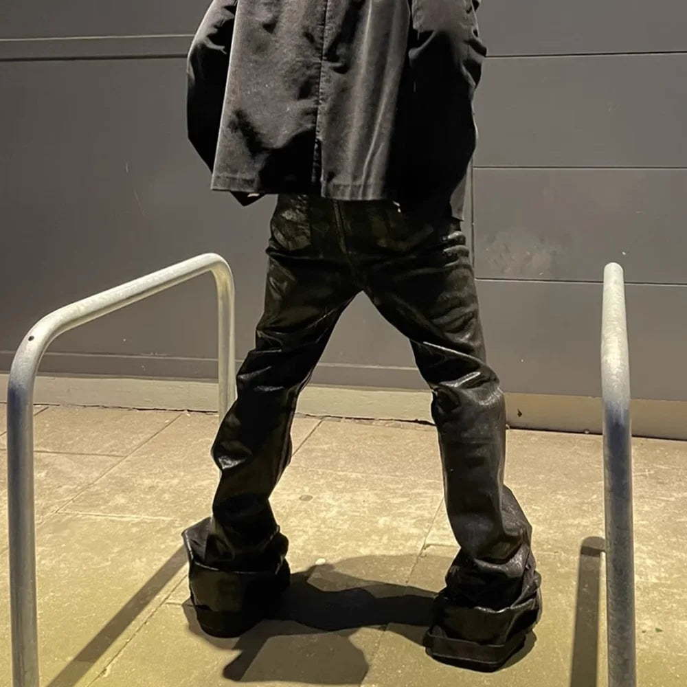 Midnight Flare — Black Wax Leather Stretch Jean