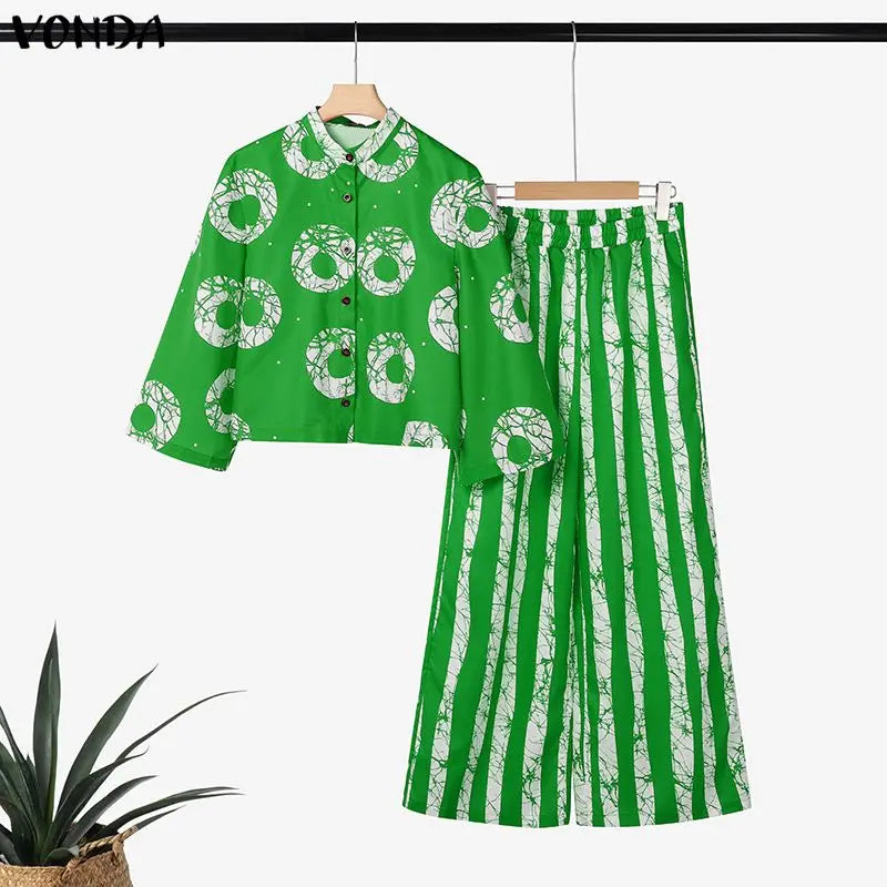 Plus Size Bohemian Print Shirt & Wide Leg Pants Set — Women