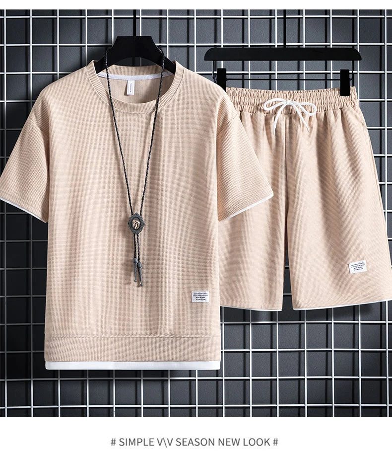 Men's Waffle T-Shirt & Shorts Tracksuit Set