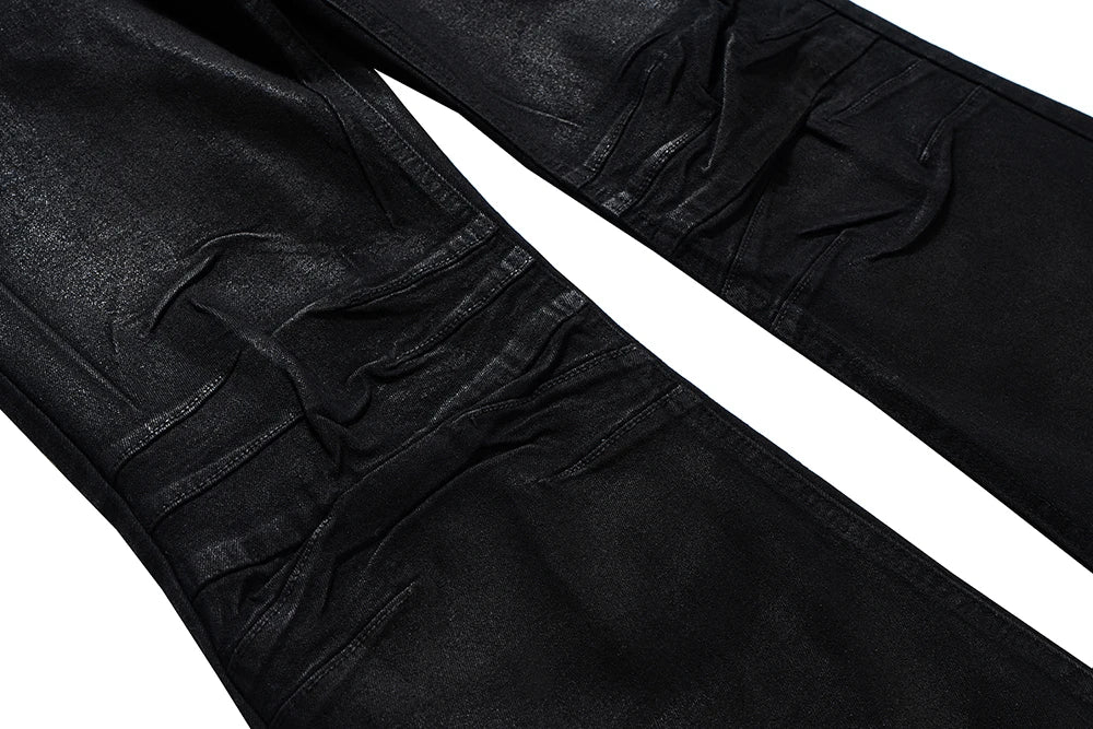 Streetwear Black Glue Coated Boot Cut for Men and Women Straight Baggy Casual Flare Pants Oversized Loose Denim Trousers