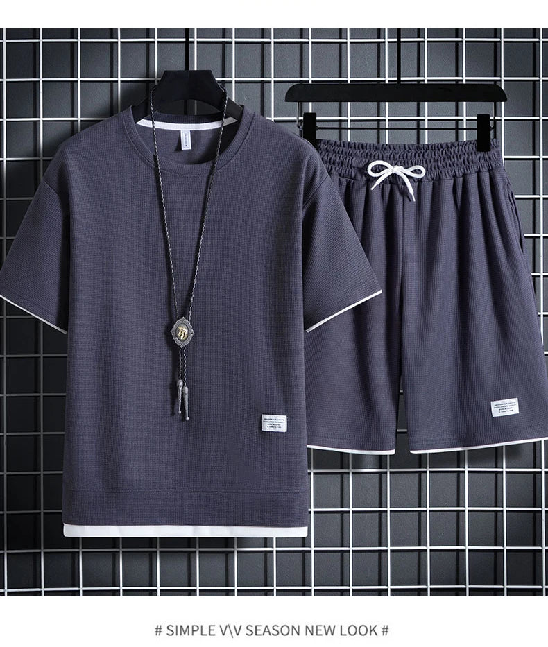 Men's Waffle T-Shirt & Shorts Tracksuit Set
