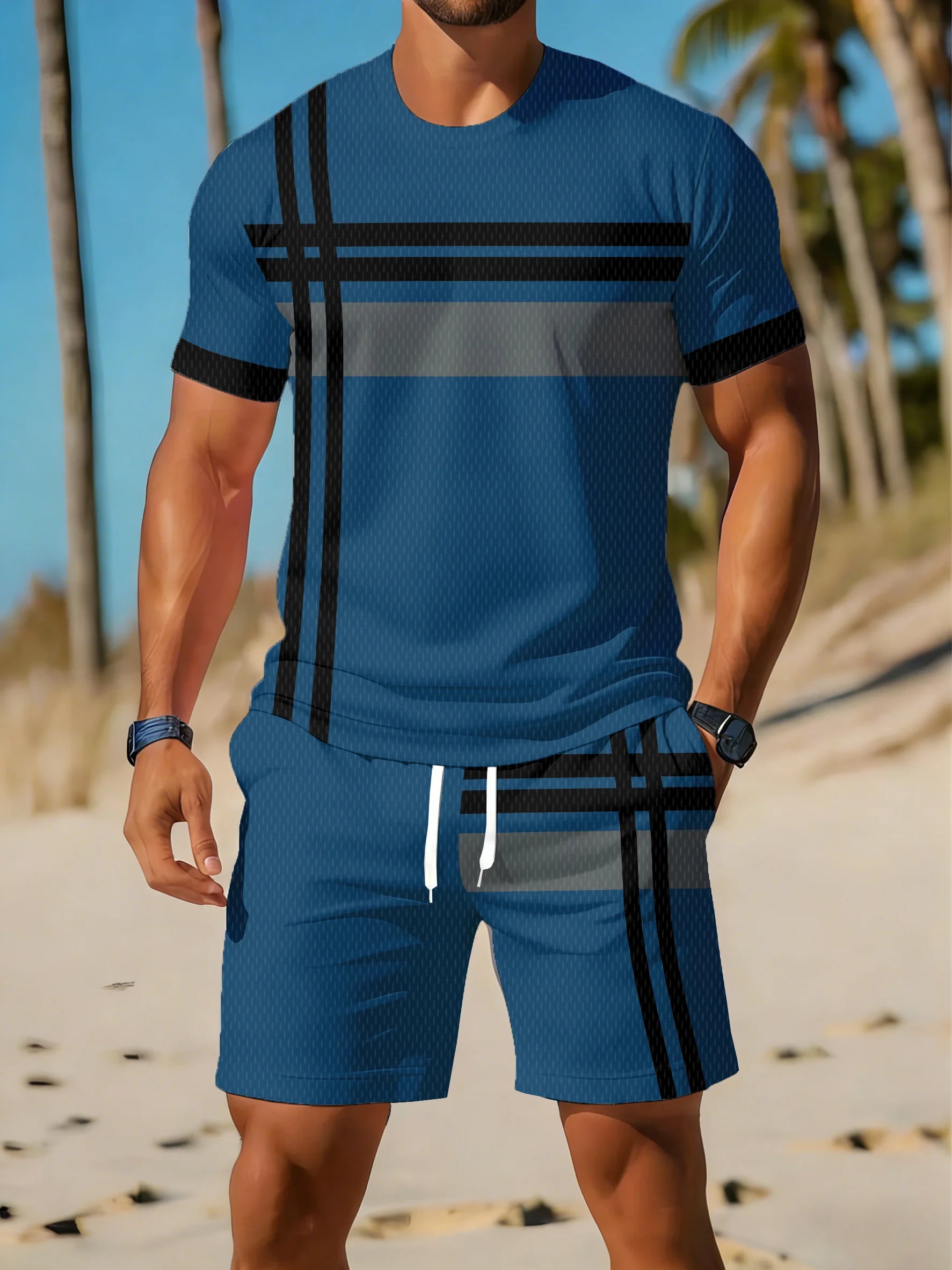 Men's Plus Size Striped Beach T-Shirt & Shorts Set