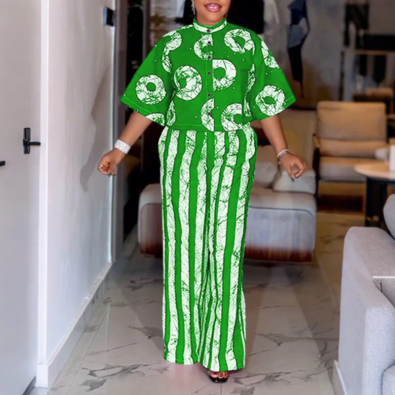 Plus Size Bohemian Print Shirt & Wide Leg Pants Set — Women