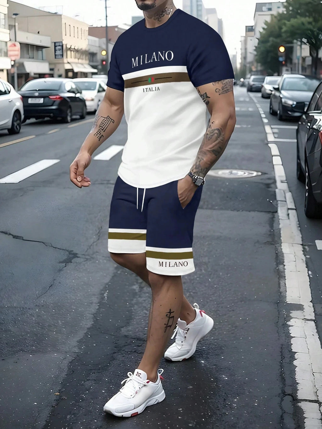 Men's Stripe Letter Print Oversized T-Shirt & Shorts Set