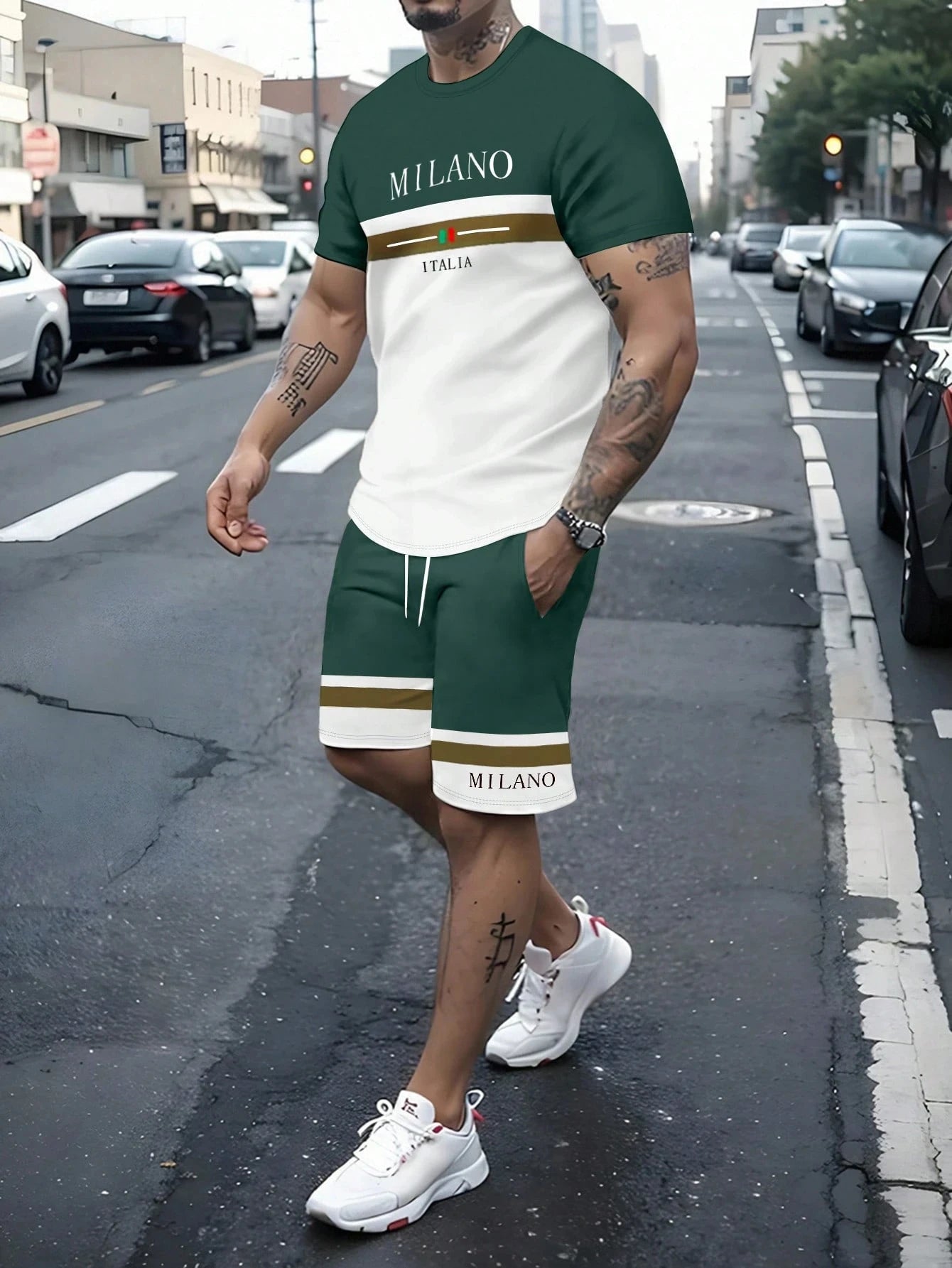 Men's Stripe Letter Print Oversized T-Shirt & Shorts Set