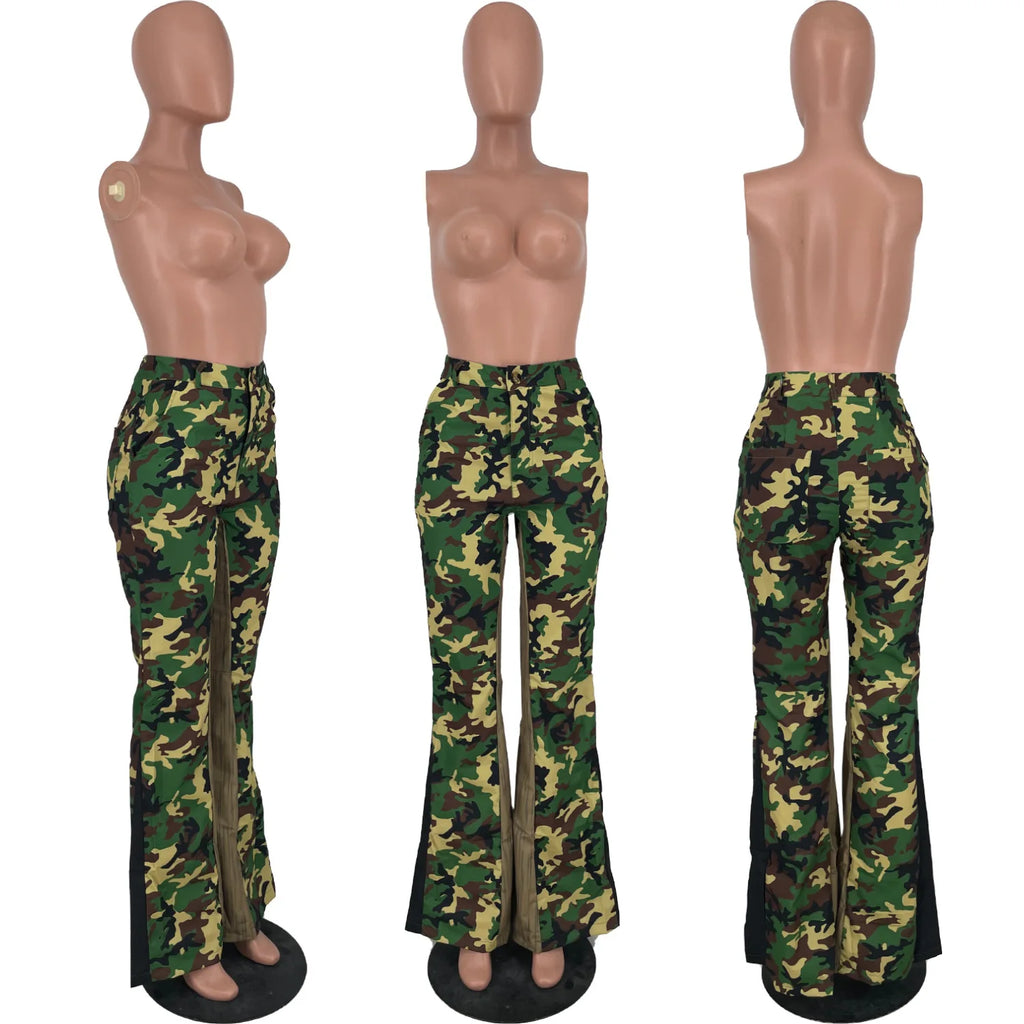 Y2K High Waist Print Flared Cargo Trousers — Women
