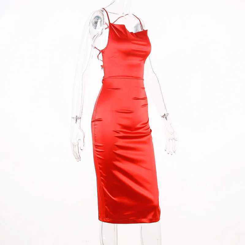 Neon Satin Lace-Up Bodycon Midi Dress — Women's