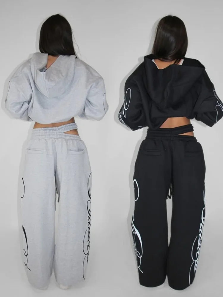 Grey Y2K Script Print Hoodie & Wide Leg Pants Set