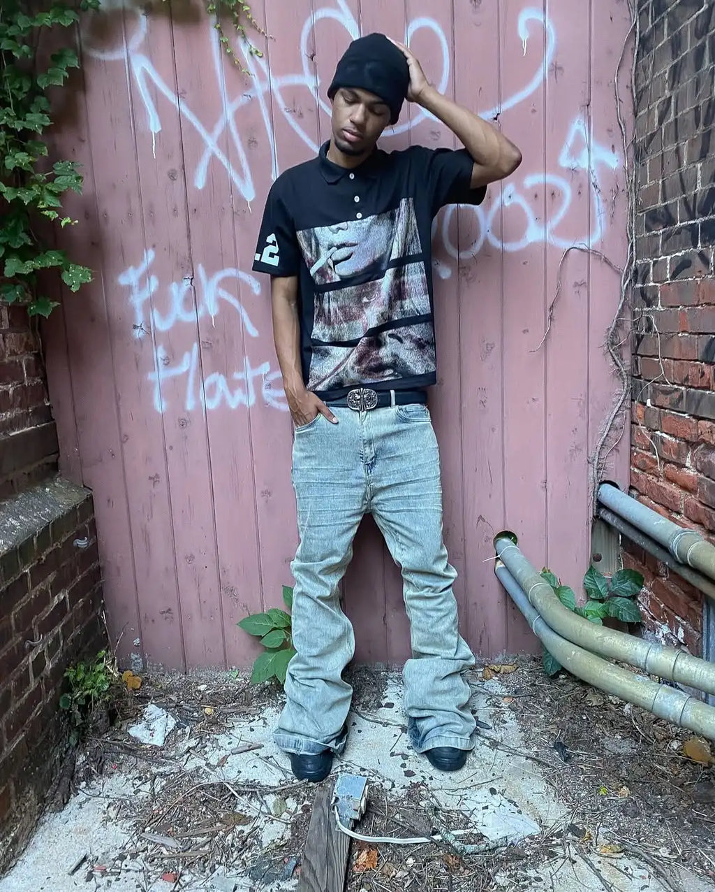 Comic Print Y2K Black Polo Tee