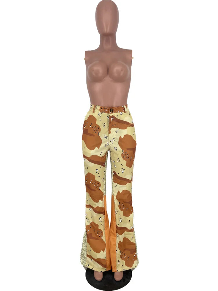 Y2K High Waist Print Flared Cargo Trousers — Women