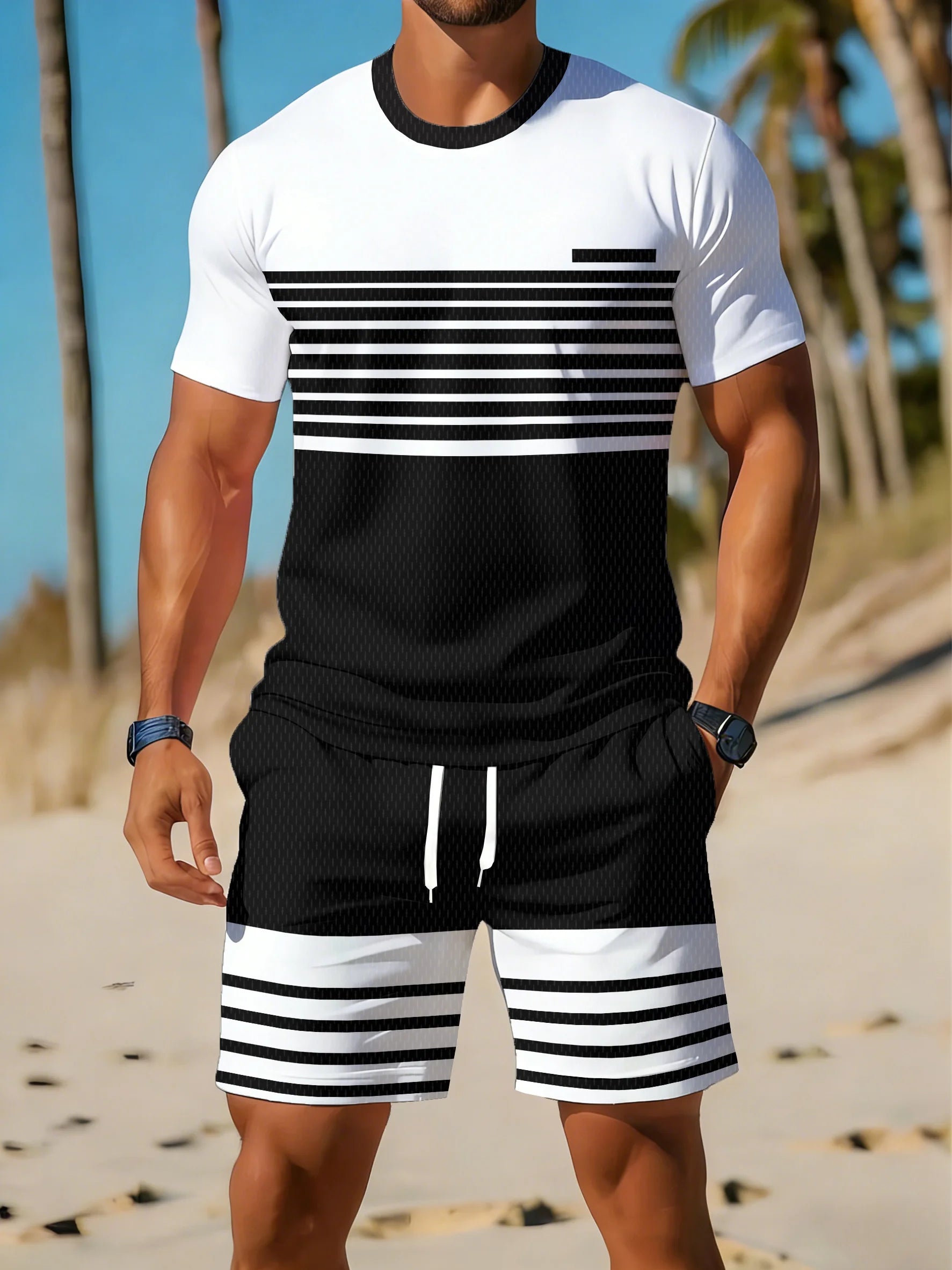 Men's Striped Print T-Shirt & Shorts Beach Set