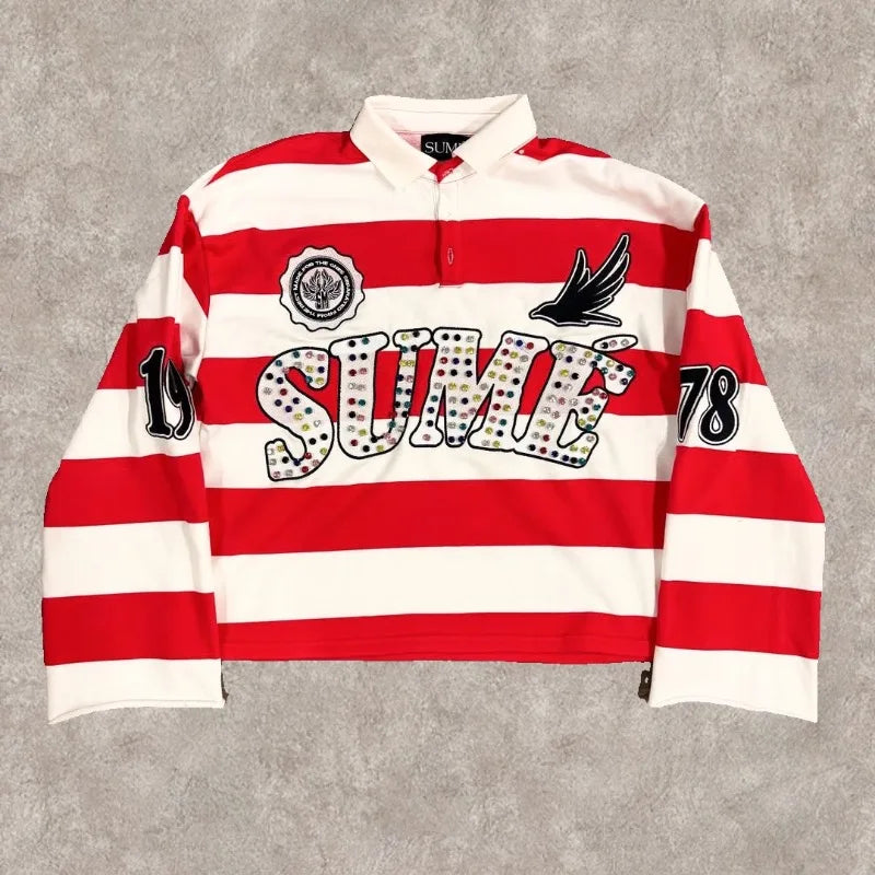 Y2K Stripe Embroidery Long Sleeve Polo
