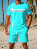 Men's Plus Size Striped Beach T-Shirt & Shorts Set