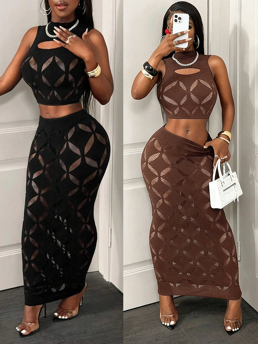 Mesh Crop Tank & Bodycon Mini Skirt Set — Women's Clubwear