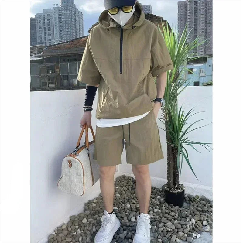 Men's Cargo Style Hooded T-Shirt & Shorts Set