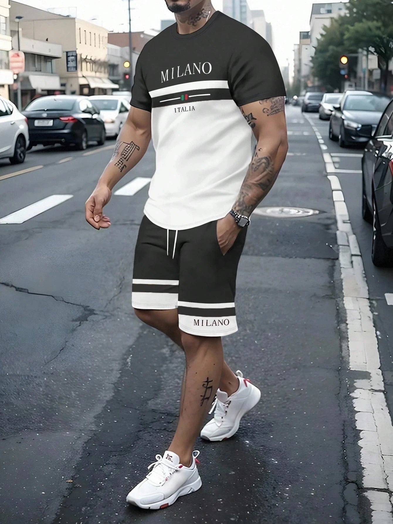 Men's Stripe Letter Print Oversized T-Shirt & Shorts Set