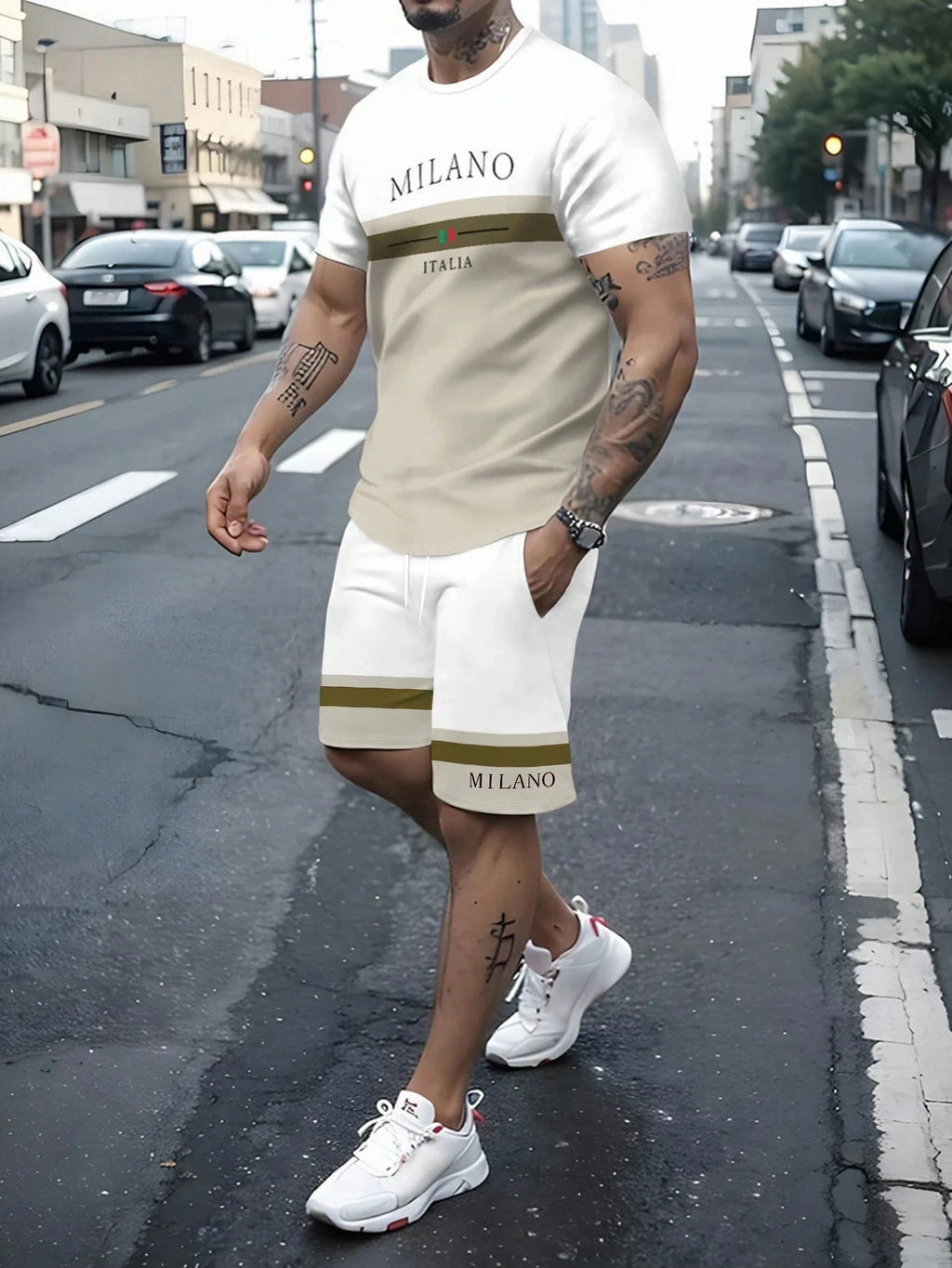 Men's Stripe Letter Print Oversized T-Shirt & Shorts Set