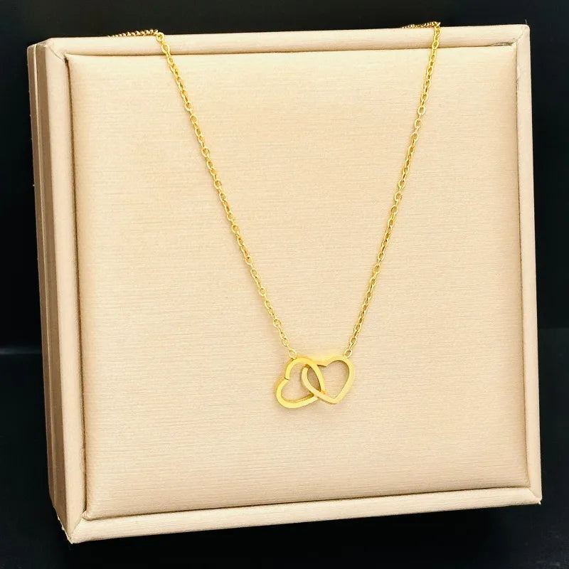 Simple Double Heart Pendant Necklace for Women Couple Stainless Steel Choker Gold Color Chain Wedding Party Friends Jewelry Gift