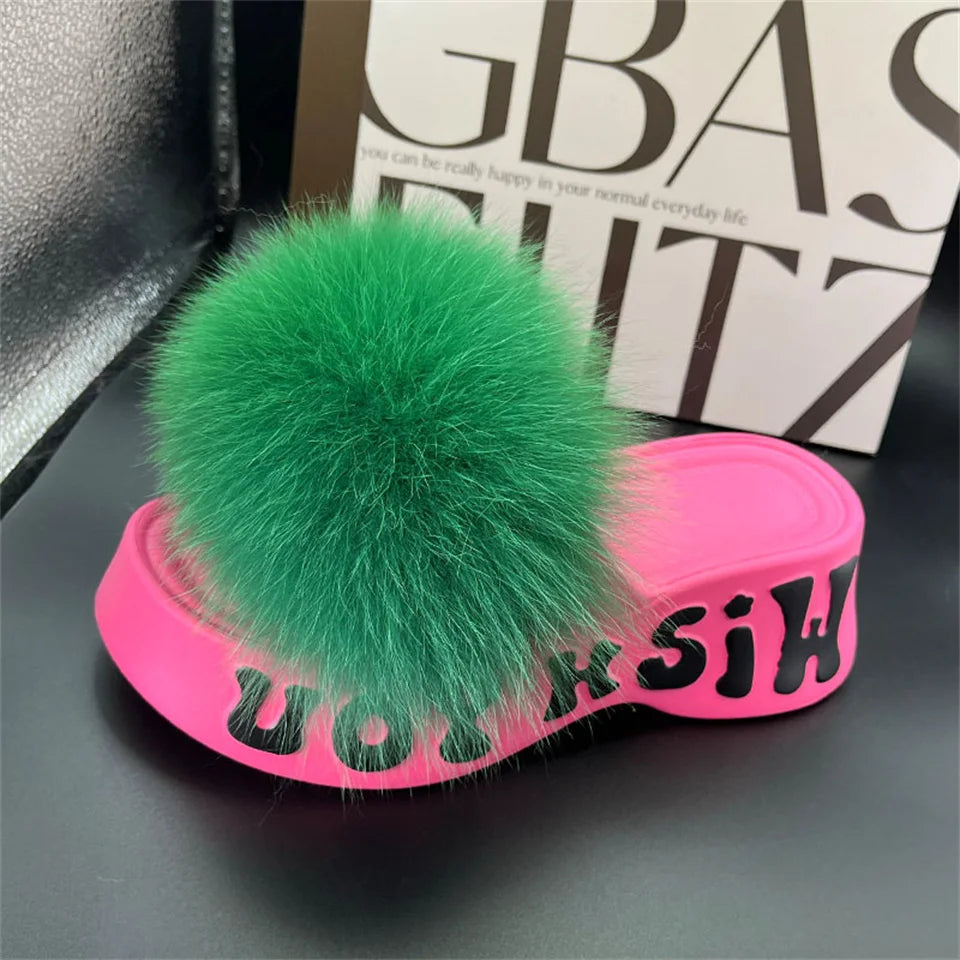 Women's Fox Fur Slippers Summer Open-Toe Fluffy Slippers Anti-Slip Shoes for Woman Sandals Fluffy Black Slides Fur Slides