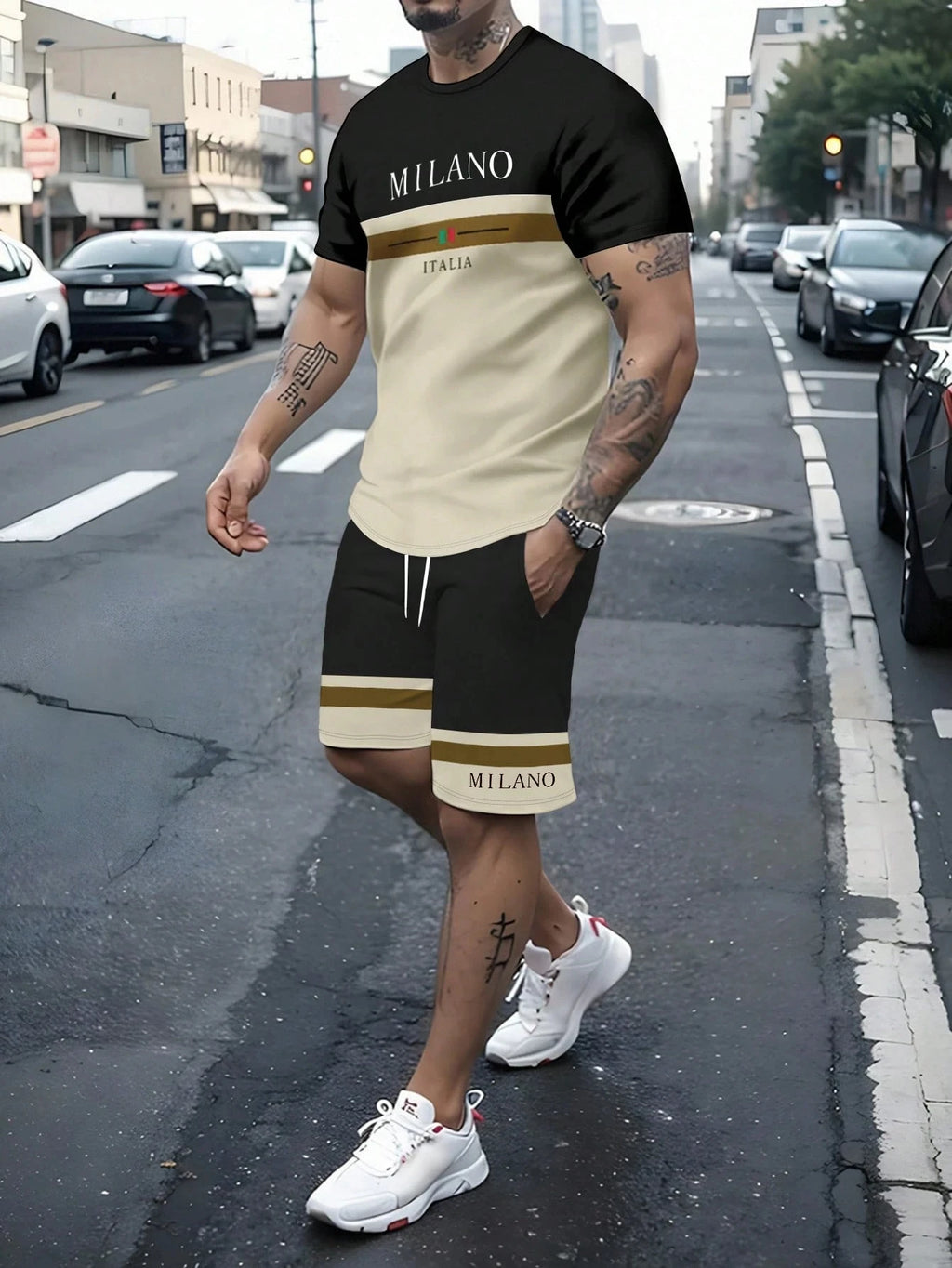 Men's Stripe Letter Print Oversized T-Shirt & Shorts Set