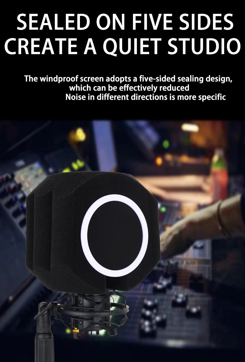 Acoustic Windscreen 5-Sided Seal - Wind Noise Reduction, Side-Open POP Filter, Quiet Studio, Portable & Lightweight