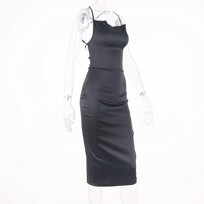 Neon Satin Lace-Up Bodycon Midi Dress — Women's