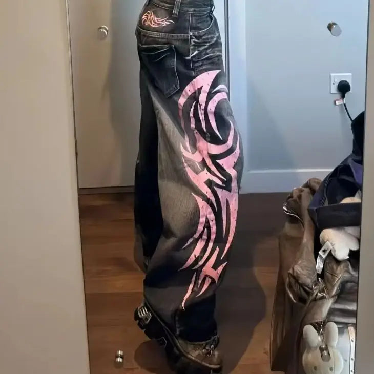 Totem Print Baggy Y2K Jeans