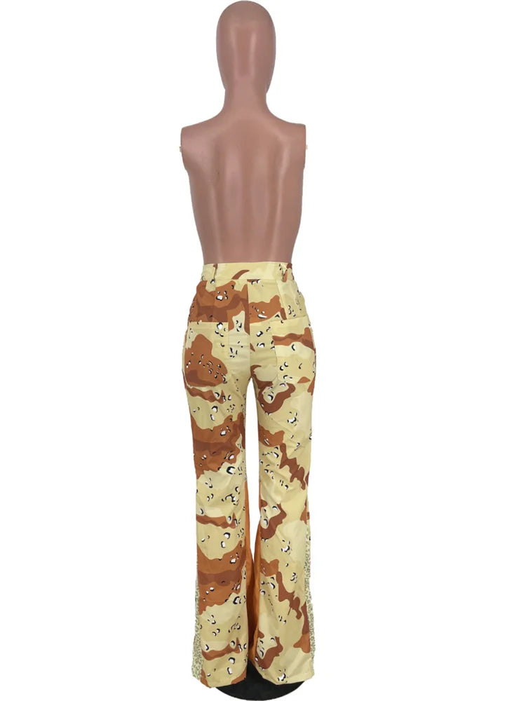 Y2K High Waist Print Flared Cargo Trousers — Women