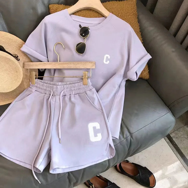 Women's Print Letter T-Shirt & Shorts Two-Piece Set