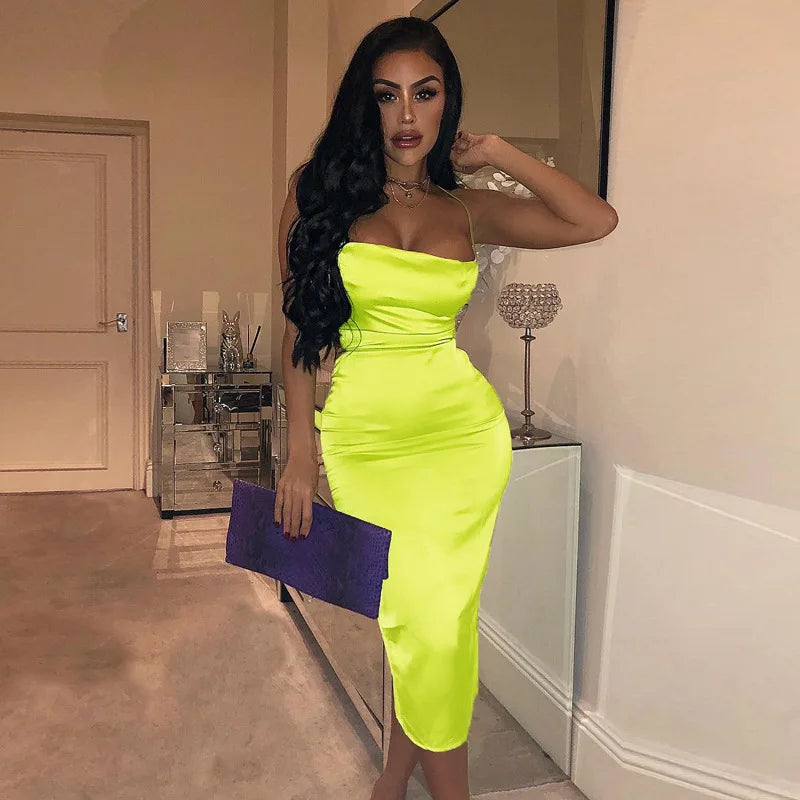 Neon Satin Lace-Up Bodycon Midi Dress — Women's